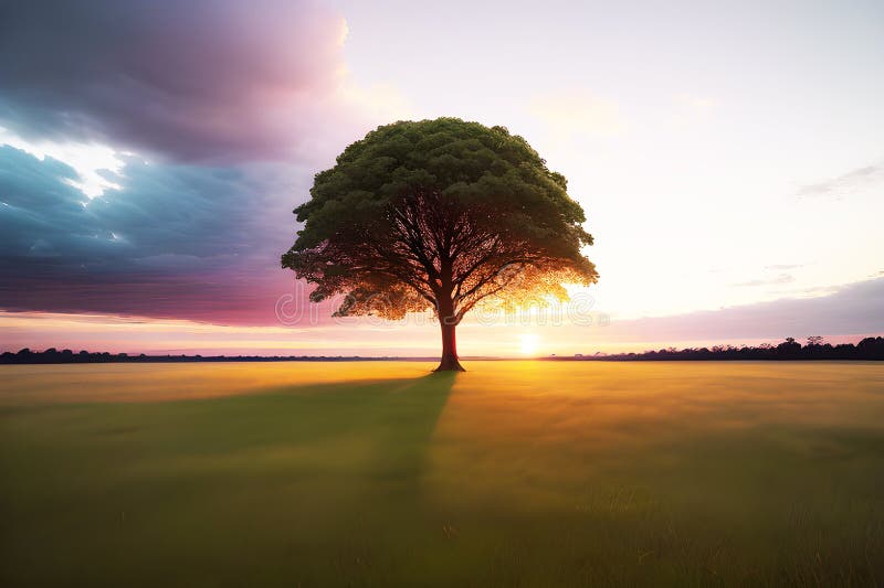 A wide angle shot of a single tree growing under a clouded sky during a sunset surrounded by grass generated by ai