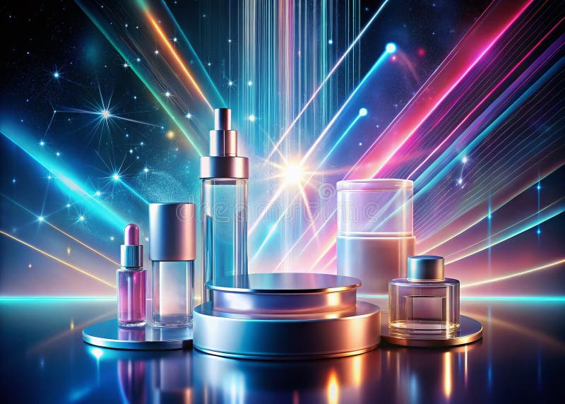 Experience the Future of Beauty: Holographic Displays Showcase Innovative Cosmetics and Interactive Data royalty free illustration