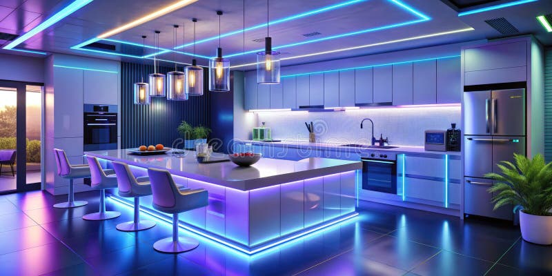 Experience the Future of Culinary Design A Futuristic Kitchen Interior with Neon AvantGarde Sculptures and Innovative royalty free illustration