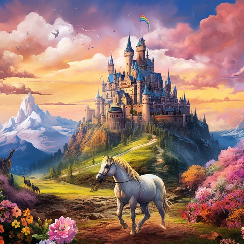 Edinburgh’s Golden Castle: Where Unicorns Roam Free Stock Illustration