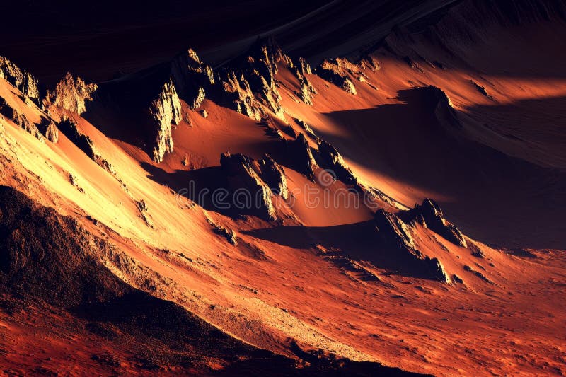 Experience a Martian-like landscape characterized by a dusty red color, rocky terrain, and striking shadows as the light changes at sunset. This terrain reveals unique geological formations. Like rocky terrain stock images, royalty-free photos and pictures