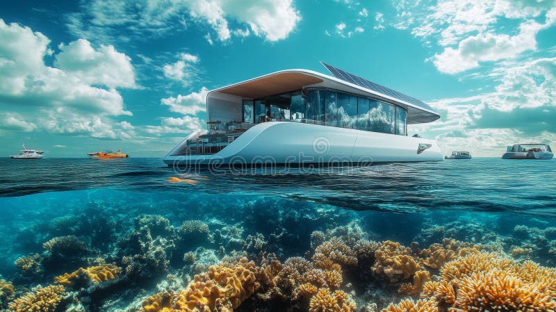Experience a modern floating paradise on the water featuring luxury design and stunning views. Explore a unique lifestyle with stock photo