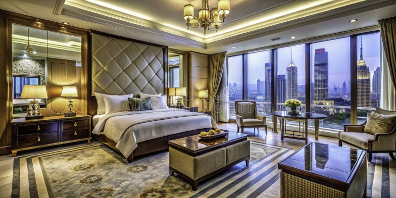 Experience Opulent Luxury A Stunning Hotel Suite Interior Design Featuring a Spacious Bedroom and Luxurious Bathroom stock illustration