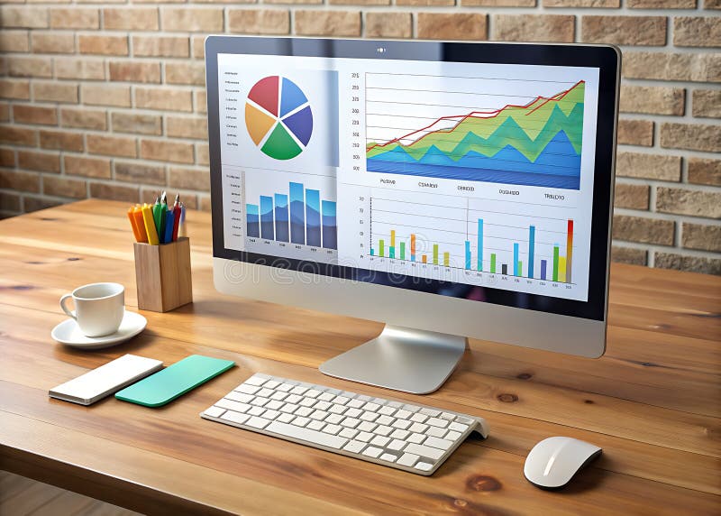 Interactive Analytics Dashboard on Modern Computer Visualizing Data Insights with Sleek Accessories and a Wooden Table royalty free illustration
