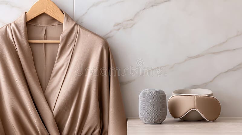 Experience tranquility with a premium silk robe, designer eye mask, essential oil diffuser, and soothing mineral bath salts arranged elegantly in a marble setting. Pampering experience stock images, royalty-free photos and pictures