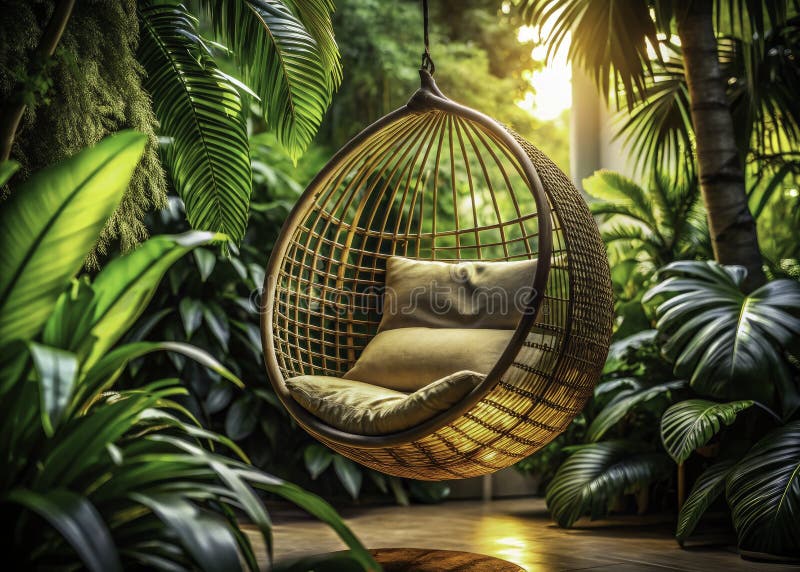 A Luxurious Rattan Hanging Chair Bathed in Ambient Night Light Enhances a Tropical Indoor Oasis Relax and Reconnect stock illustration