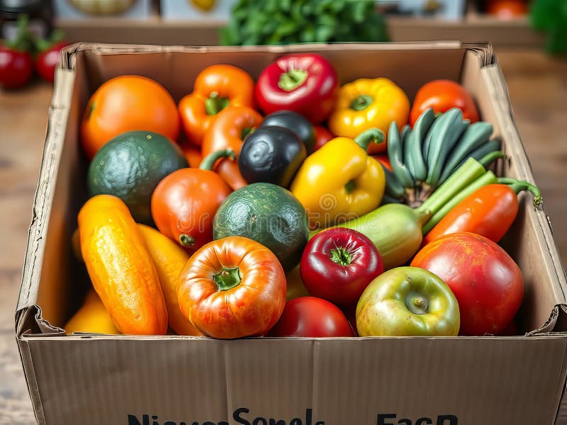 A Colorful Bounty Fresh Fruits and Vegetables in a Vibrant Cardboard Box Stunning AIGenerated Food Photography royalty free illustration