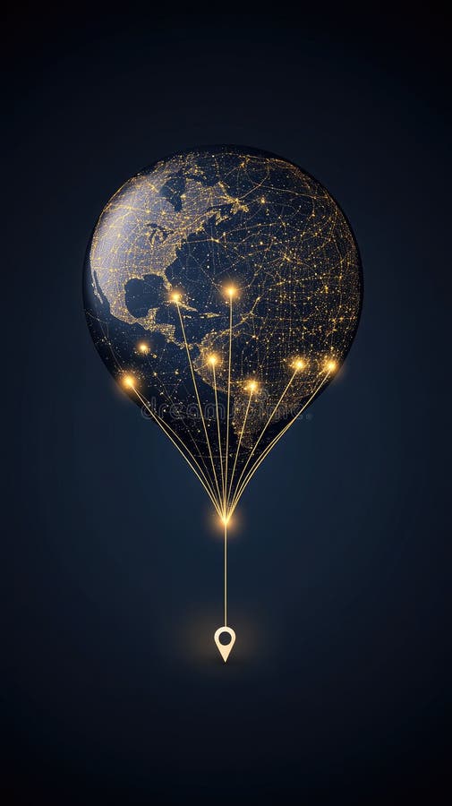 Experience a visual representation of a global network connection map featuring location signs in an abstract digital stock illustration