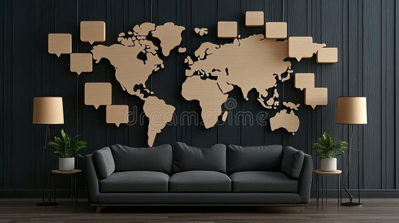 Experience a visual representation of a global network connection map featuring location signs in an abstract digital royalty free illustration