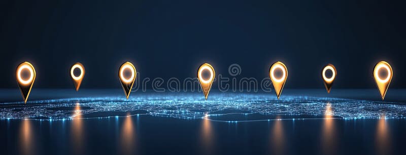 Experience a visual representation of a global network connection map featuring location signs in an abstract digital design. AI generated
