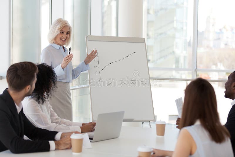 Experienced coach presenting report showing sales increasing on flipchart stock photo Experienced coach presenting report showing sales increasing on flipchart stock photo