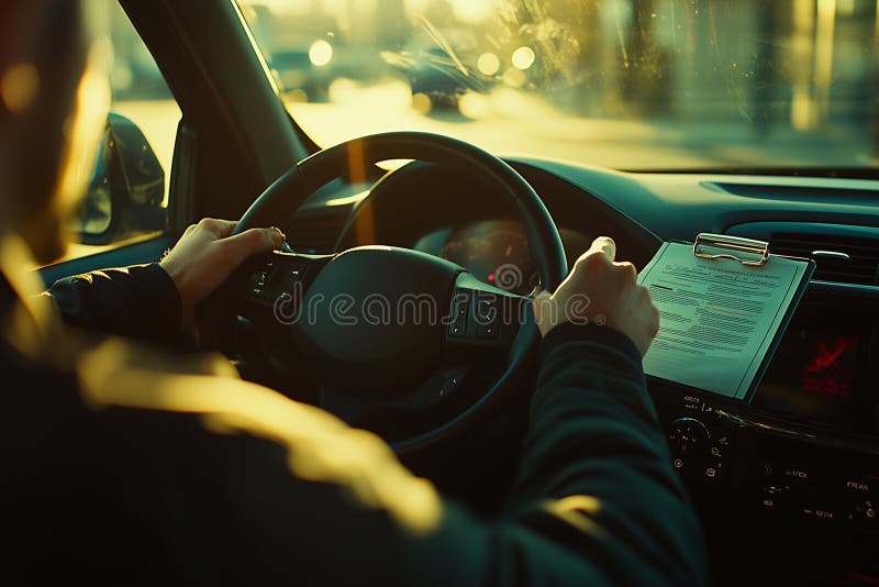 Experiencia de conducción centrada en la luz del atardecer. Una imagen cautivadora que captura a una persona que conduce un auto con la luz del sol filtrándose a través del parabrisas, enfatizando la concentración y la alegría del viaje