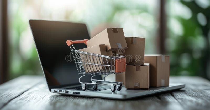 Experiencia en el mercado digital : compras en línea pedidos virtuales aplicación móvil laptop comercio de carros de compras fotografía de archivo libre de regalías