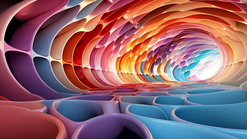 Experimental abstract 3D models creating optical illusions, bright rainbow colors vector illustration