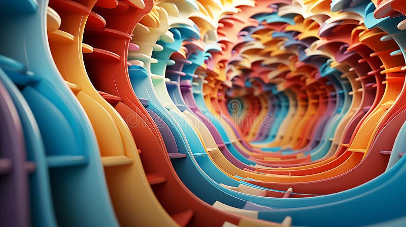 Experimental abstract 3D models creating optical illusions, bright rainbow colors stock illustration
