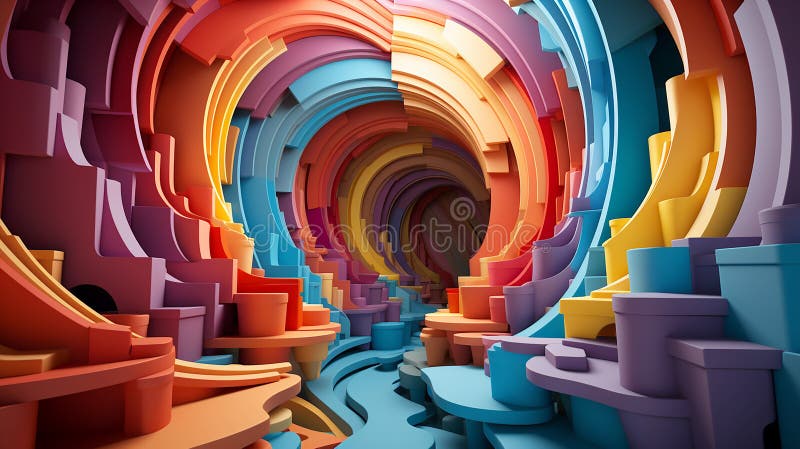 Experimental abstract 3D models creating optical illusions, bright rainbow colors stock illustration