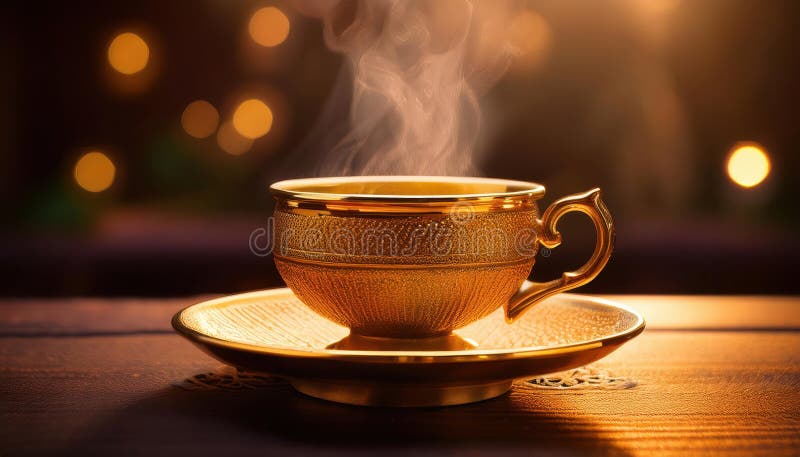 Experimentando el calor de Ramadán con la copa de oro. Una copa dorada que se vapor suavemente al lado de un plato durante el Iftar de Ramadans rodeado de luces intermitentes. generado por IA