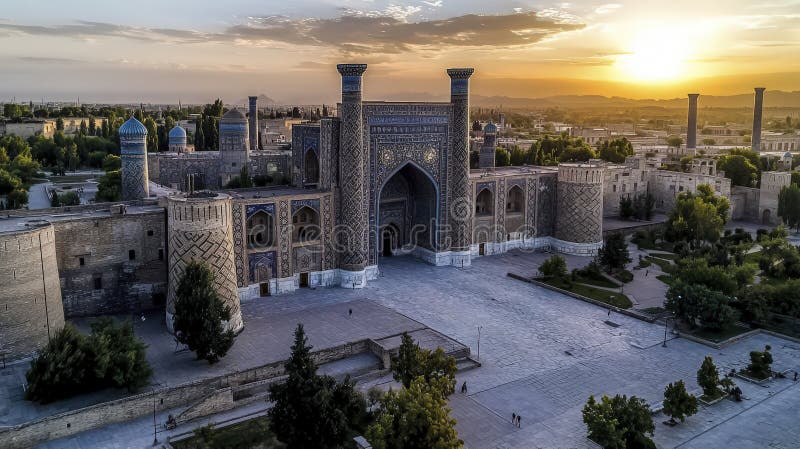 Experimentar la majestuosa puesta de sol sobre la plaza registán samarkand y la fotografía de viajes aéreos mostrando el patrimoni libre illustration