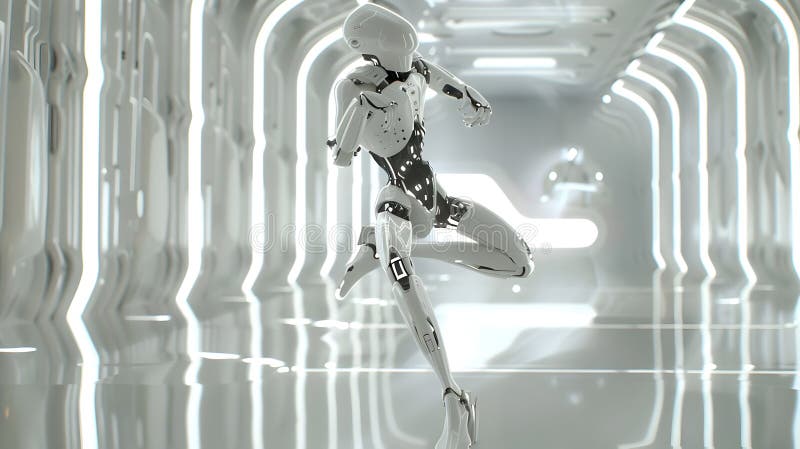 Experimentell robot som utför grova holografiska interaktioner i minimalistisk estetisk stock illustrationer