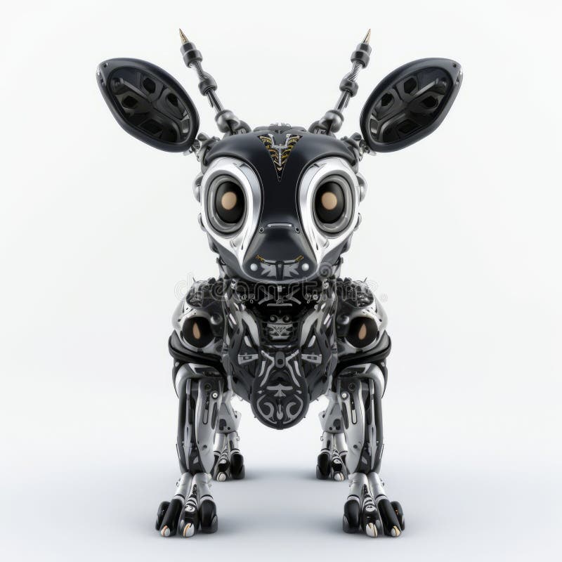 Experimentellt robotdjur 3d-rendering med stora öron i märke av rågstil. Illustration av hjortstecken 3d i cyberpunk futurism. Den här söta robotmöbeln visas i mörkt svart och silver med ljusgula och mörka indigoaccenter. Mekanisk precision och symmetrisk utformning ger den en framtida känsla.. Den realistiska och detaljerade renderingen av denna 5001000-ce gör den till ett häpnadsväckande tillägg till varje samling. ai genererad