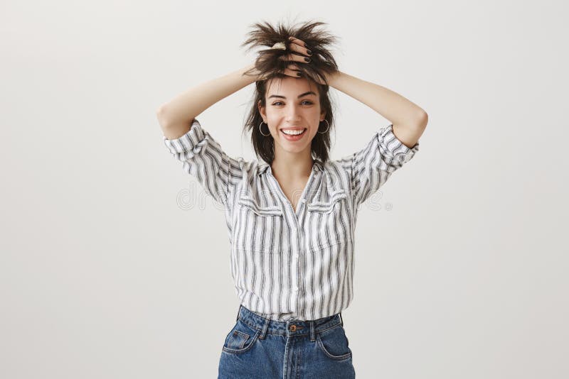 Experimenting with Hairstyle. Positive Funny European Female Designer  Lifting Up Hair with Hands, Making it Look Like Stock Photo - Image of  fashion, gesturing: 111733804