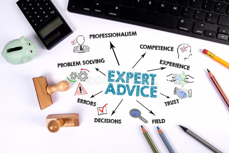 EXPERT ADVICE. Computer Keyboard and Office Supplies on White Table