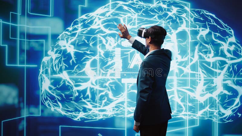 IT expert using virtual reality tech and AI systems in futuristic workspace royalty free stock photo