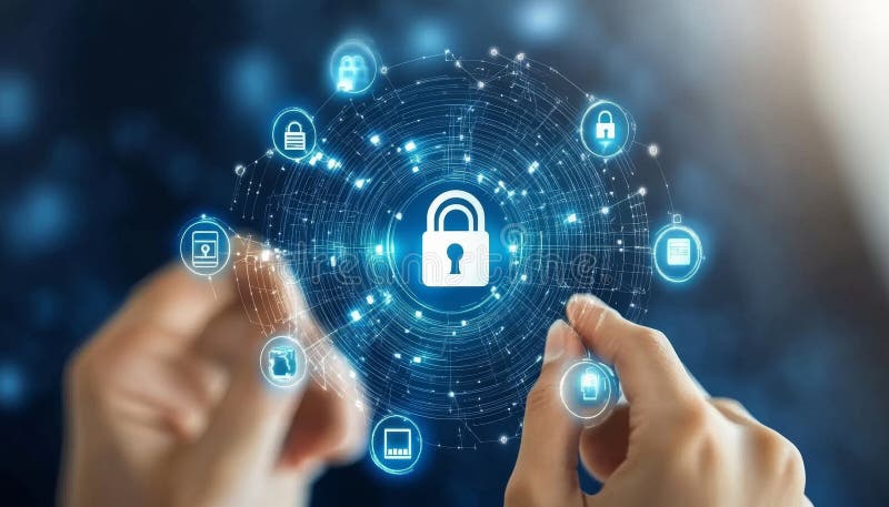 Expert în securitate informatică care utilizează interfața de protecție a informațiilor pentru o securitate sporită a datelor royalty free illustration