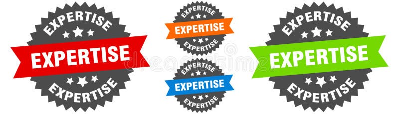 Experthjälp. etikettuppsättning för runda band. försegla stock illustrationer