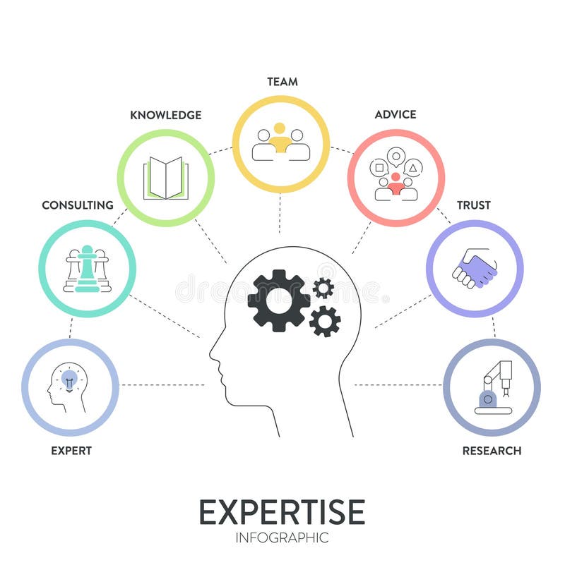 Expertise framework infographic diagram chart banner with illustration icon vector template has expert, advice, team, trust royalty free illustration