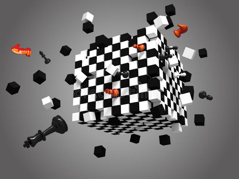 Exploded chess cube on gray background