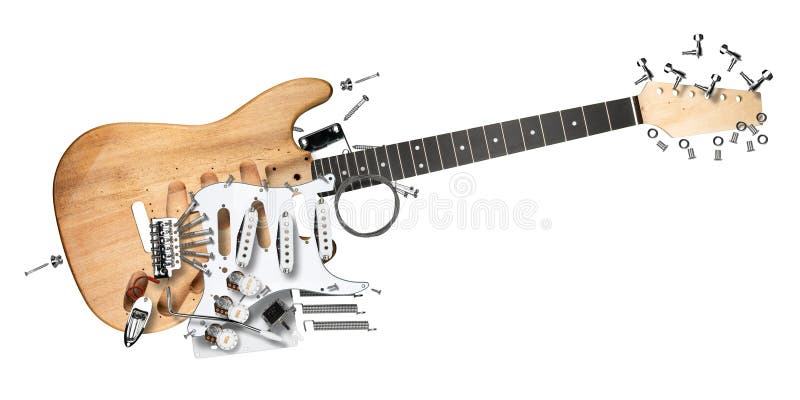 Exploded view of electric guitar with all parts and components wooden body wood neck and electronics single coil pickguard pickup