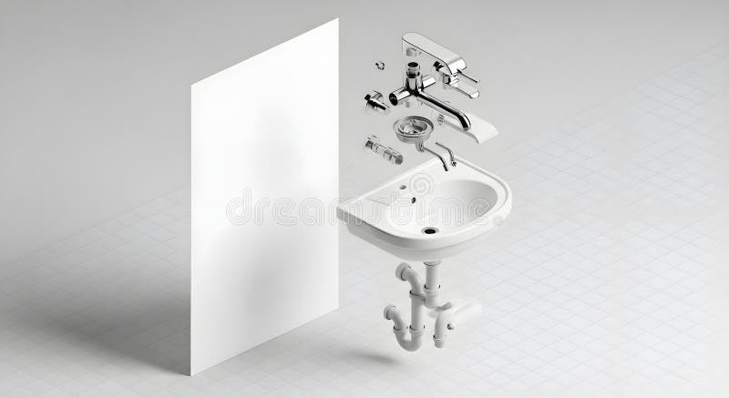 Exploded view of a modern bathroom sink and faucet on a clean white background. Components include the faucet, handles, aerator, mounting hardware, and sink basin with visible plumbing underneath. All parts are chrome and ceramic, arranged systematically to illustrate assembly. The image details the functional design and construction of each component, ideal for understanding or demonstrating plumbing installation. Sink ideal illustrations