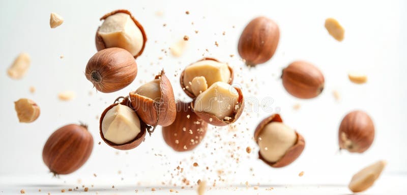 Explodierte Haselnüsse. Nüsse aus gemahlenen Stücken schweben auf Weiß. Rohorganische Nüsse gesunde Snack Nahrungszutat vegan stockbild