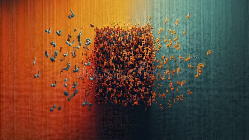 Exploding block of musical notes on orange and teal vector illustration