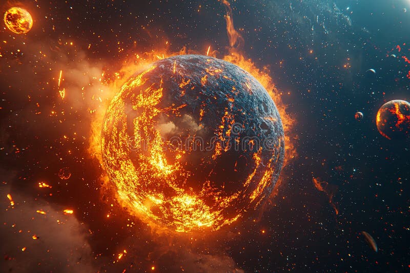Exploding burning planet in flames and fire in cosmos with stars and other planets in background. Ai generative illustration