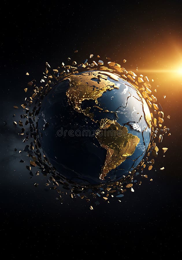 Exploding Earth globe with golden fragments in dark space royalty free illustration