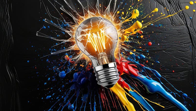 Exploding light bulb with a cascade of vivid paint and splatters on a black canvas. Symbolic representation of unique ideas and vector illustration