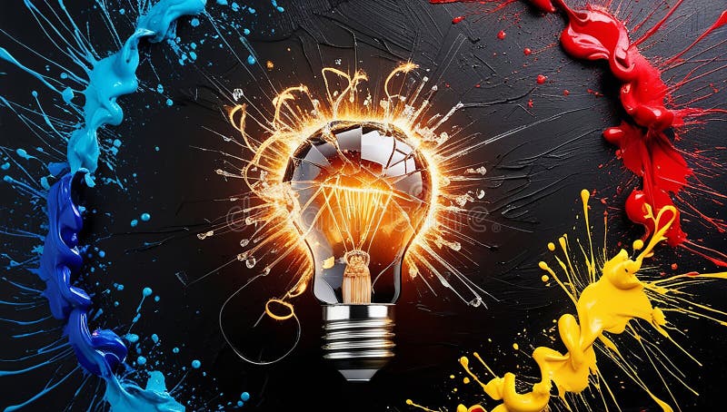 Exploding light bulb with a cascade of vivid paint and splatters on a black canvas. Symbolic representation of unique ideas and royalty free illustration