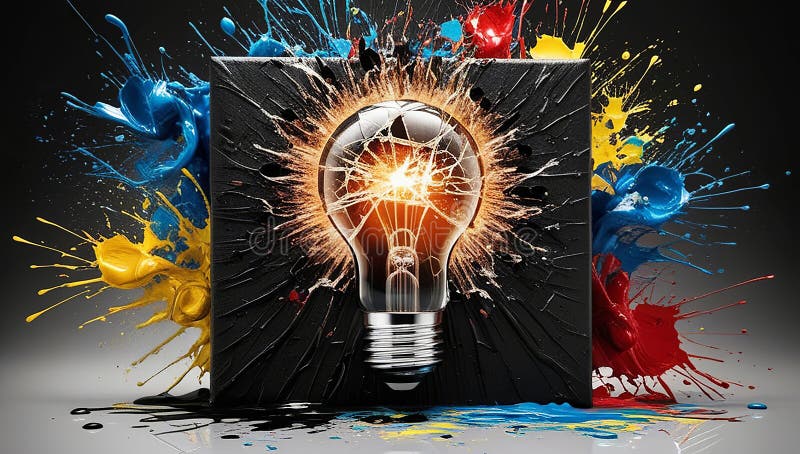 Exploding light bulb with a cascade of vivid paint and splatters on a black canvas. Symbolic representation of unique ideas and vector illustration