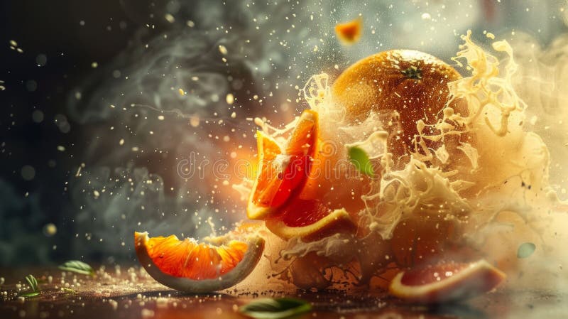 Exploding orange with dynamic splashes and mist stock photos