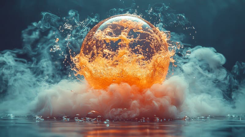 Exploding orange with water and smoke effects stock images