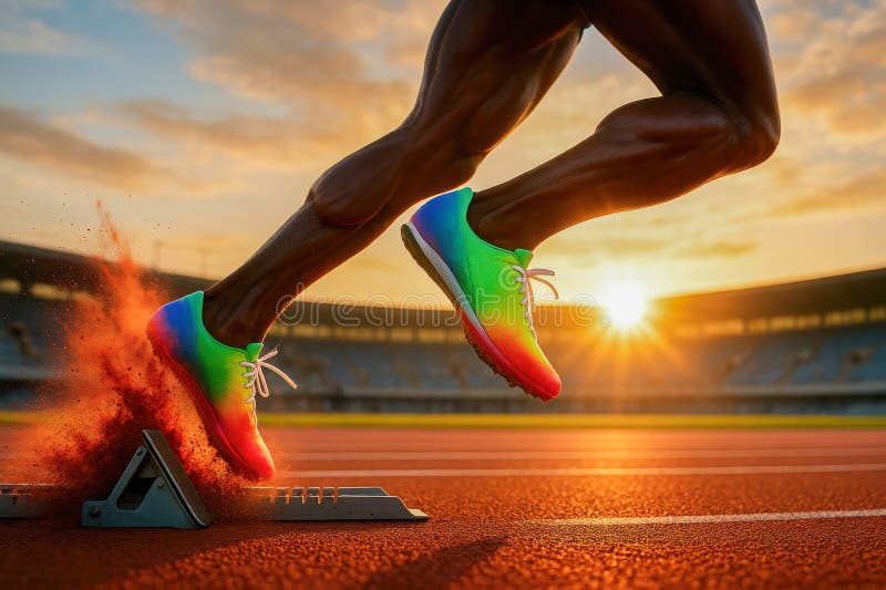 Exploding start blocks trail red clay behind sprinter launching forward in vibrant rainbow spikes celebrating diversity passion stock illustration