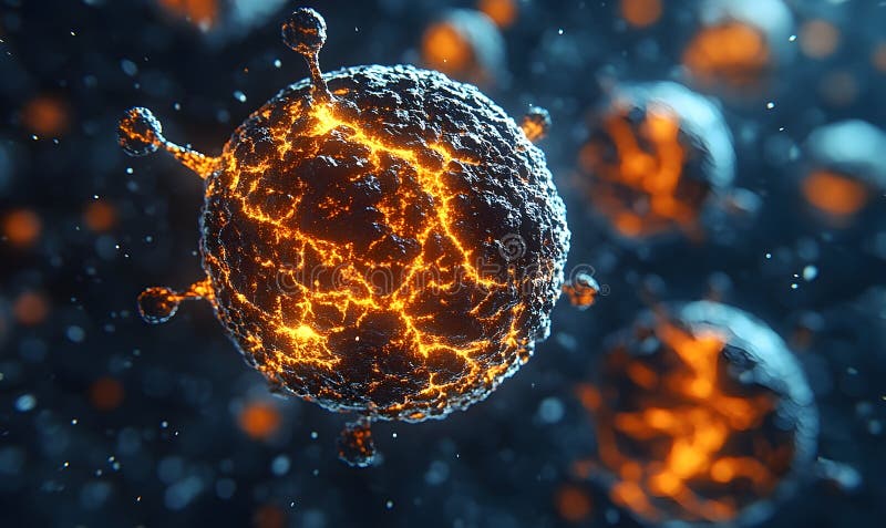 Burning Virus AI Render. This striking image depicts a virus, its surface glowing with fiery orange energy, generated by AI. The detailed texture and vibrant colors create a captivating visual of a microscopic battle. The background hints at a larger, unseen conflict.