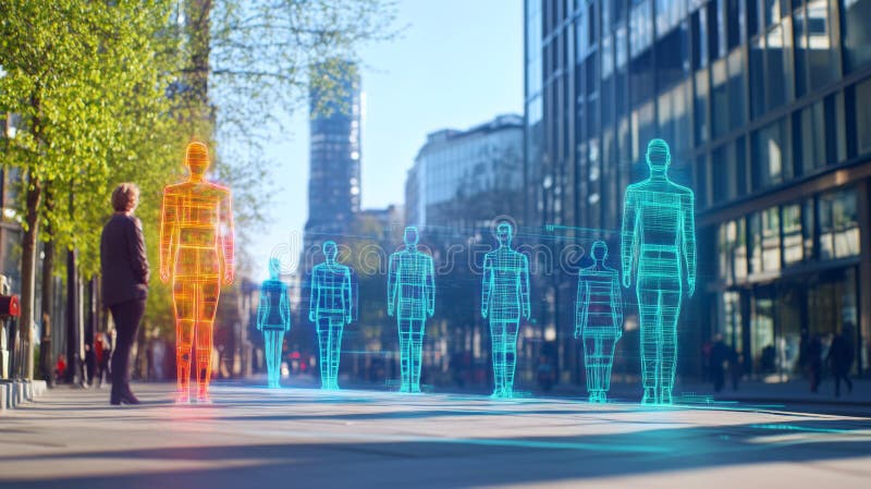 Exploración de identidades virtuales en una ciudad futurista con representaciones holográficas de avatares póstumos. En una ciudad vibrante una persona observa figuras holográficas que representan diversas identidades y avatares que muestran la intersección de humanidad y tecnología en un futuro gobernado por IA.