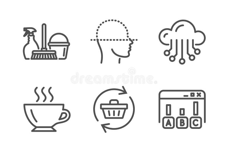 Exploración de la cara, servicio del hogar y sistema de los iconos del café Restaure el carro, el almacenamiento de la nube y las ilustración del vector Exploración de la cara, servicio del hogar y sistema de los iconos del café Restaure el carro, el almacenamiento de la nube y las ilustración del vector