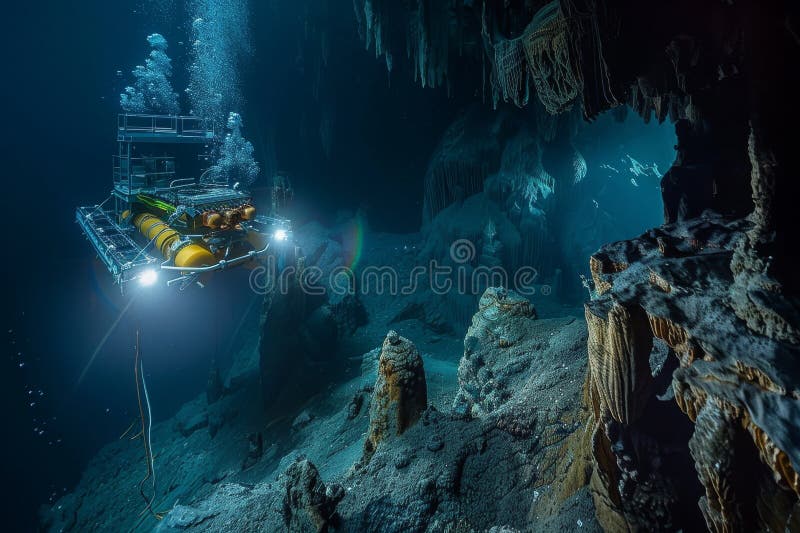 Exploración submarina con sumergible en un misterioso sistema cueva. ai generativo. generado por ai