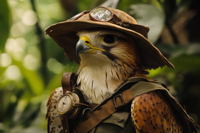 Explorador de halcones en la jungla salvaje. Un halcón aventurero vestido como explorador descubriendo nuevos territorios en un hábitat de selva exuberante.
