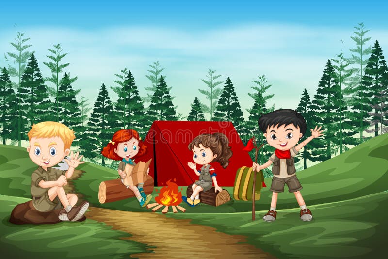 Explorador internacional que acampa en bosque stock de ilustración Explorador internacional que acampa en bosque stock de ilustración