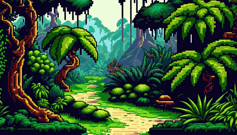 Paisagem de nível de jogo de pixel de 8 bits da floresta da selva